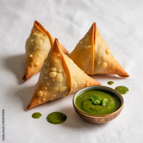 Crispy golden samosas with fresh mint-coriander chutney, gourmet texture, appetizing close-up, white backdrop, natural light, ultra-realistic, 8k photoreal, premium stock photo.