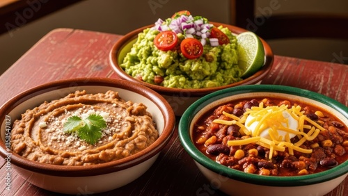 Three bowls with Mexican sides beans, guacamole, and chili on a wooden table
