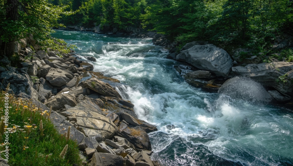 Fototapeta premium Mountain river with a forceful flow hitting rocks on a rugged shoreline, illustrating natural erosion, Earth Day