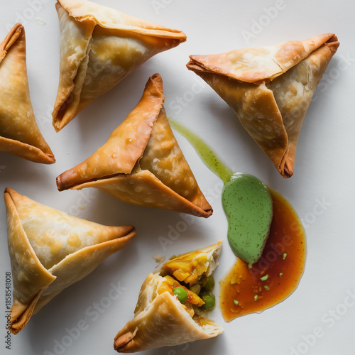 Crispy golden samosas with fresh mint-coriander chutney, gourmet texture, appetizing close-up, white backdrop, natural light, ultra-realistic, 8k photoreal, premium stock photo.