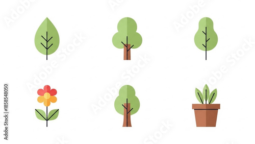 Vector flat design icons of trees and plants, representing nature and growth
