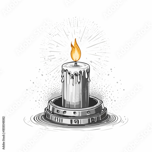 A detailed illustration of a lit candle with melting wax, set in a metallic holder.