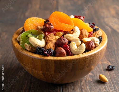 Wooden bowl filled with dried fruit and various nuts against a dark wooden background, warm and inviting