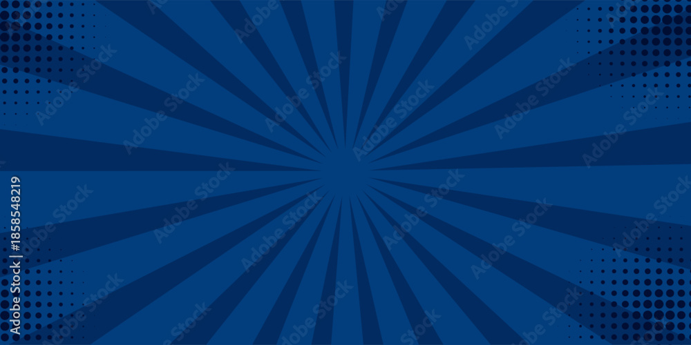 Fototapeta premium Dark blue comic-style background with radial burst lines and halftone patterns. Bold and energetic design ideal for superhero themes, gaming visuals, and action-packed content.