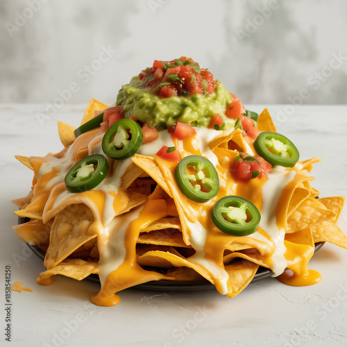 Gourmet nachos piled with melted cheese, jalapenos, fresh salsa, and creamy guacamole on white background, ultra-realistic, vibrant, appetizing, photorealistic stock food photography.