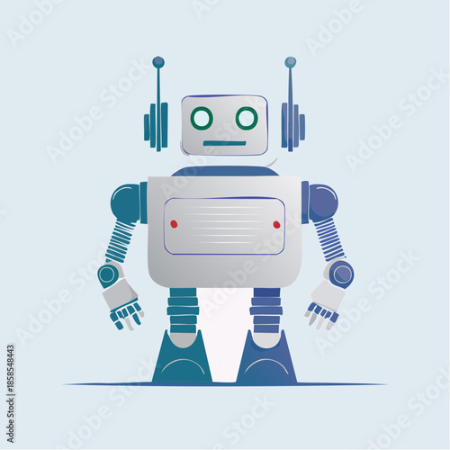 A detailed illustration of a friendly, cartoon-style robot with antennas and a square head.