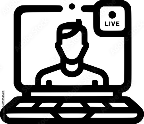 Live Stream Webinar: A modern line-art illustration shows a person on a laptop screen engaged in live video stream, broadcasting and engaging with an online audience.