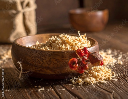 Wooden bowl filled with light-colored shredded bits and a sprig of red berries, on rustic wood