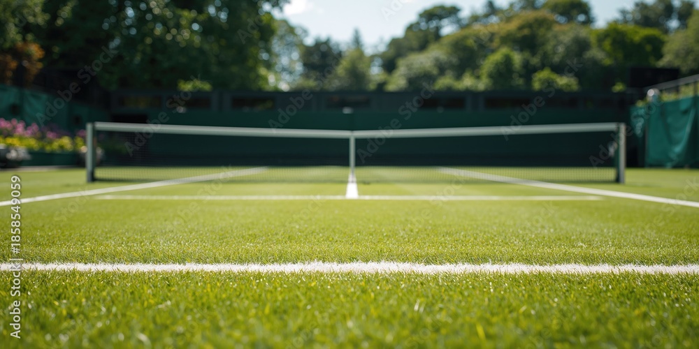 Fototapeta premium Grass tennis court surface with net, suitable for athletic competition