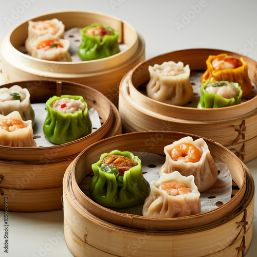 Assorted gourmet dim sum in bamboo basket, delicate translucent wrappers, juicy fillings, white backdrop, ultra-realistic textures, appetizing styling, 8k photorealistic stock food image.