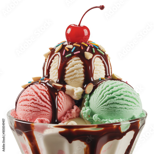 Vibrant gourmet ice cream dessert topped with glossy chocolate drizzle and fresh cherry, isolated on white background, photorealistic lighting, photography, ultra-sharp.