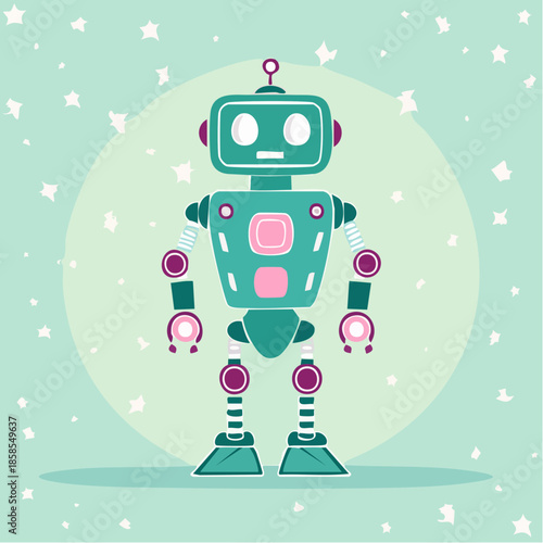 A cute, cartoon-style robot with a teal body and pink accents, standing in front of a light green background.