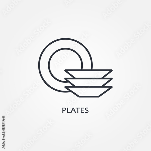 Set of vector ceramic plates in different position in doodle style. A stack of plates, clean dishes. Hand-drawn kitchen utensils, sketch isolated on white background.