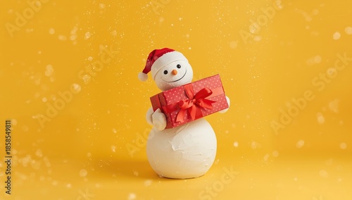 Snowman character on a yellow backdrop clutching a wrapped present and sporting a Santa cap, holiday festivity, Christmas season