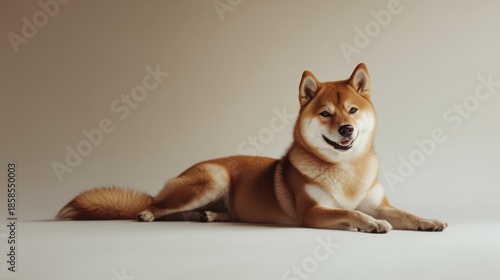 Shiba inu lying on a neutral background, possibly for pet products