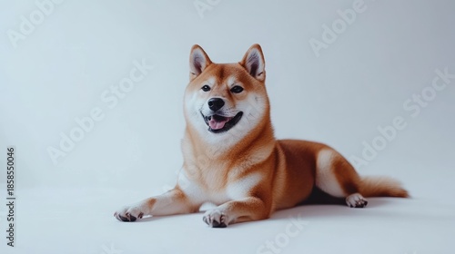 Shiba Inu dog lies down on a white backdrop, pet adoption, veterinary or pet training image