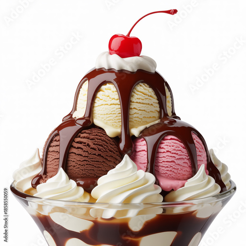 Vibrant gourmet ice cream dessert topped with glossy chocolate drizzle and fresh cherry, isolated on white background, photorealistic lighting, photography, ultra-sharp.