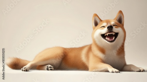 Shiba Inu lies down smiling on a light surface. Isolated for various use