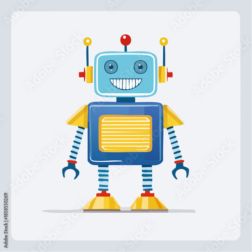 A cheerful cartoon robot with a square head, smiling face, and antenna, standing upright.