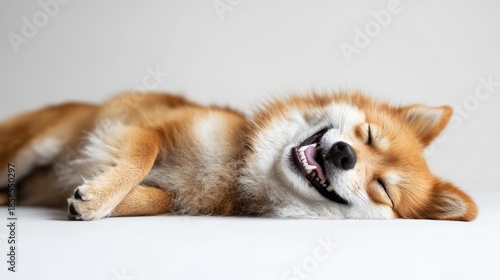 Dog sleeping, laying down on white surface. Pet animal relaxed, cozy, background is plain for any use