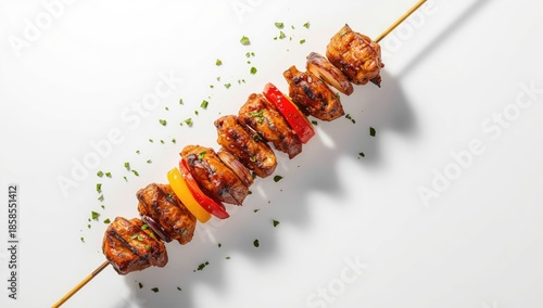 Meat shish kebab seasoned with herbs and spices, used as a layout background for recipes