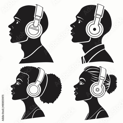 Silhouettes of people wearing headphones
