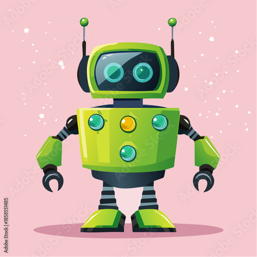 A vibrant illustration of a friendly green robot with a screen face and antenna, standing on a pink background.
