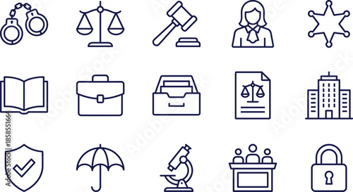 Legal Justice and Law Enforcement Line Icon Set Featuring Handcuffs, Gavel, Scales of Justice, Courthouse, Attorney, Security Shield, and Jury