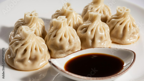 Premium steamed dumpling lineup with delicate glossy wrappers and soy dip, isolated on pure white, commercial food photography, crisp details, soft diffused lighting.
