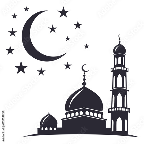 Mosque silhouette with crescent moon and stars