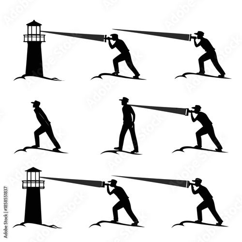 Silhouette of men using telescopes near a lighthouse