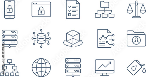 Data Management and Digital Security Line Icon Set Featuring Server Racks, Locked Devices, Global Networks, Analytics Charts, and Information Hierarchy