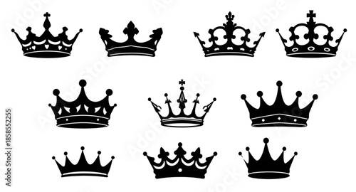 set of crowns vector silhouettes, royal crown shapes, king and queen crown icons, silhouette tiara collection, imperial crown outlines, monarchy symbol set, noble crest crown vector, luxury royal silh