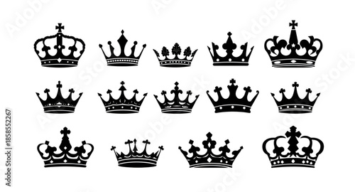 set of crowns vector silhouettes, royal crown shapes, king and queen crown icons, silhouette tiara collection, imperial crown outlines, monarchy symbol set, noble crest crown vector, luxury royal silh