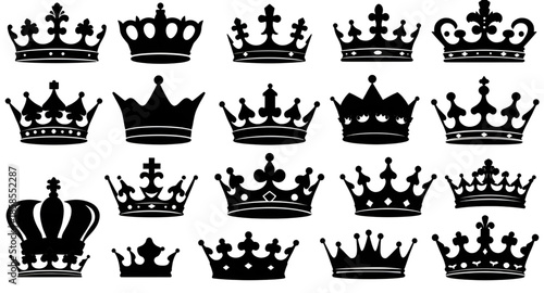 set of crowns vector silhouettes, royal crown shapes, king and queen crown icons, silhouette tiara collection, imperial crown outlines, monarchy symbol set, noble crest crown vector, luxury royal silh