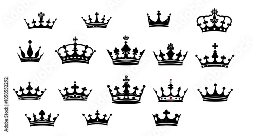 set of crowns vector silhouettes, royal crown shapes, king and queen crown icons, silhouette tiara collection, imperial crown outlines, monarchy symbol set, noble crest crown vector, luxury royal silh