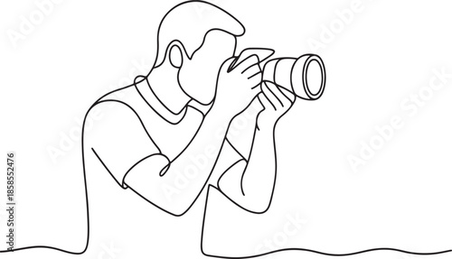 Continuous one line drawing of Photographer holding a camera taking picture vector illustration