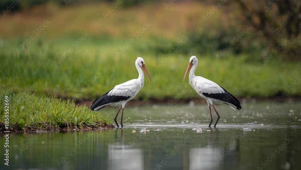 Obraz premium White stork perched on a branch, illustrating habitat preservation, World Wetlands Day