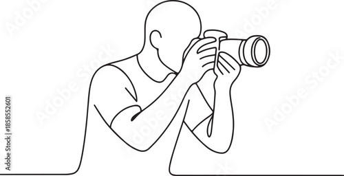 Continuous one line drawing of Photographer holding a camera taking picture vector illustration