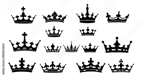 set of crowns vector silhouettes, crown silhouette set, royal crown vector, king crown outline, queen crown symbol, monarchy crown icons, vintage crown shapes, regal crown clipart, princess crown silh