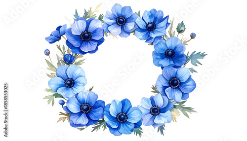 Watercolor illustration of a circular wreath made of vibrant blue flowers and foliage