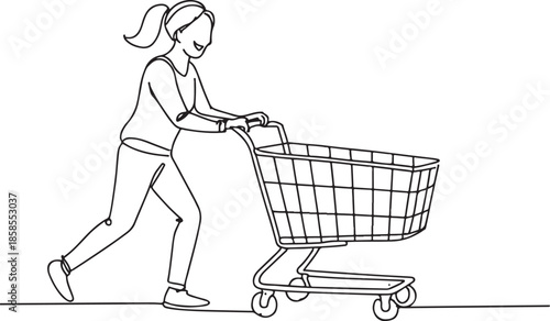  Continuous single line sketch drawing young happy woman pushing shopping trolley cart