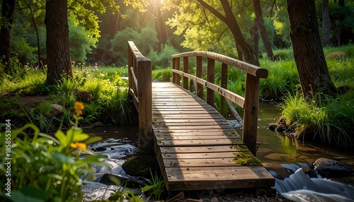 Wooden bridge over a small creek in a green forest, sun shining through trees, creating soft light