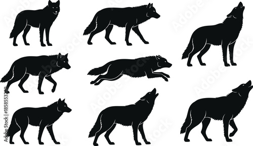 People silhouette vector illustration, diverse men women clothing styles casual formal fashion figures, standing character poses artwork, black and white design collection