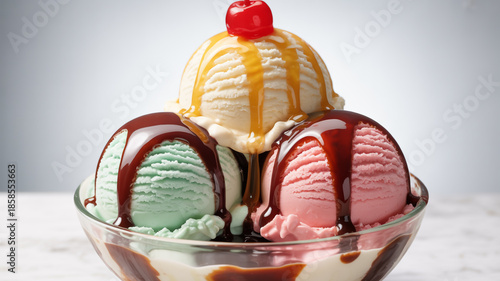 Luxury gourmet ice cream dessert featuring soft pastel scoops, rich chocolate and caramel glaze, fresh cherry topping, isolated white background, ultra-detailed realism, commercial food photography.