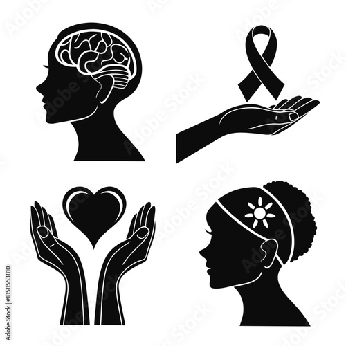 Silhouettes of hands and symbols representing support and awareness