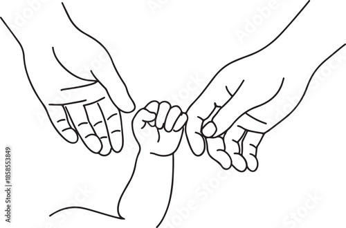  One continuous line drawing of baby kid hand holding mom dad parents hands