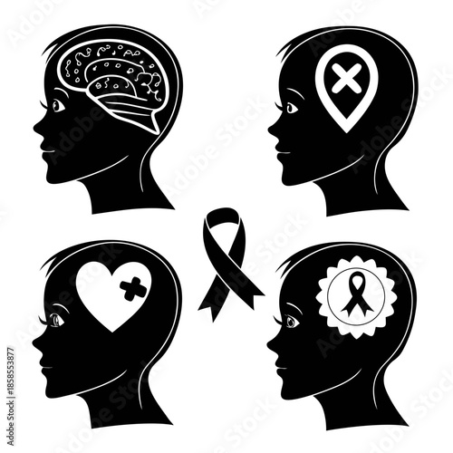 Silhouettes of heads with symbols