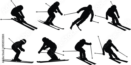 Skier silhouette vector illustration, winter sports athletes skiing poses collection, dynamic motion artwork design, snow mountain activity figures, black and white character set
