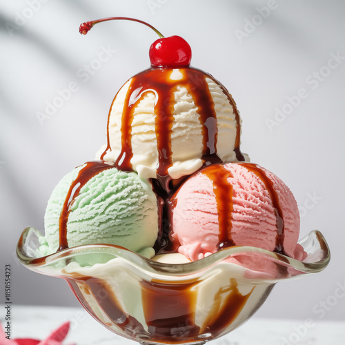 Luxury gourmet ice cream dessert featuring soft pastel scoops, rich chocolate and caramel glaze, fresh cherry topping, isolated white background, ultra-detailed realism, commercial food photography.